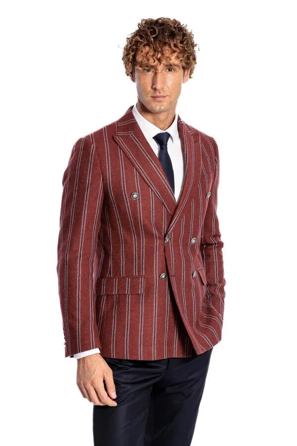Wide Lapel Striped Double Breasted Burgundy Men Blazer - Wessi sold by Wessi product image thumbnail 5
