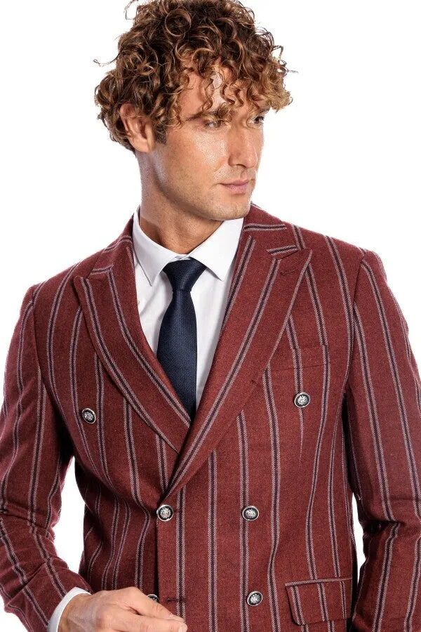 Wide Lapel Striped Double Breasted Burgundy Men Blazer - Wessi sold by Wessi product image thumbnail 3