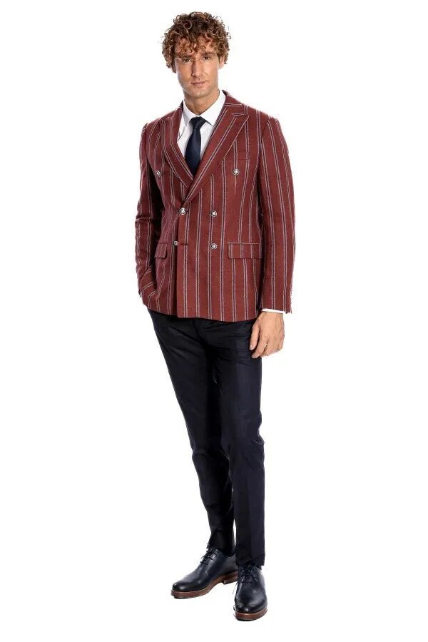 Wide Lapel Striped Double Breasted Burgundy Men Blazer - Wessi sold by Wessi product image thumbnail 2