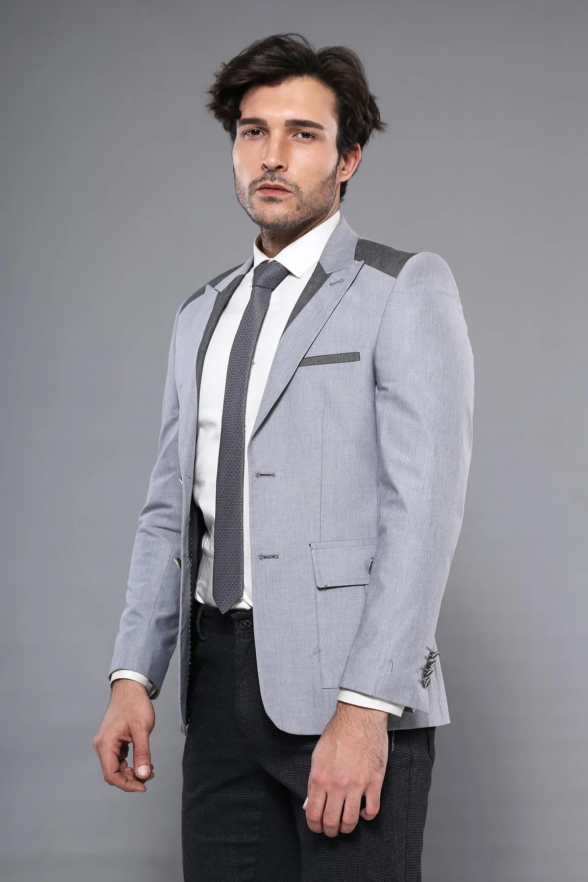 Double Button Bag Pocket Pointed Collar Light Grey Jacket-Wessi sold by Wessi product image thumbnail 3