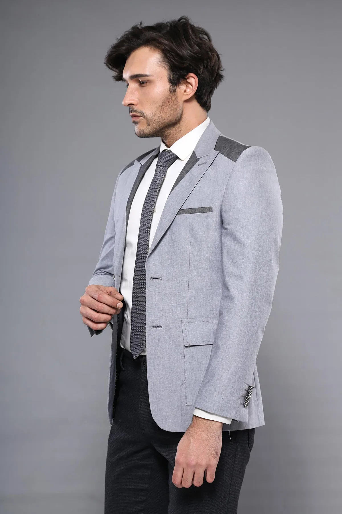 Double Button Bag Pocket Pointed Collar Light Grey Jacket-Wessi sold by Wessi