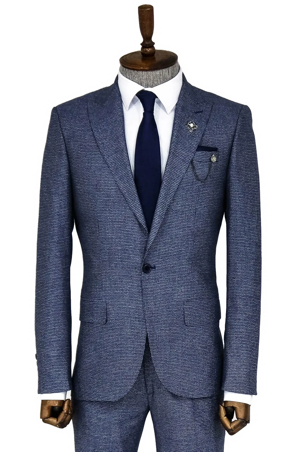 Slim Fit Houndstooth Patterned 2 Piece Navy Blue Men Suit - Wessi sold by Wessi