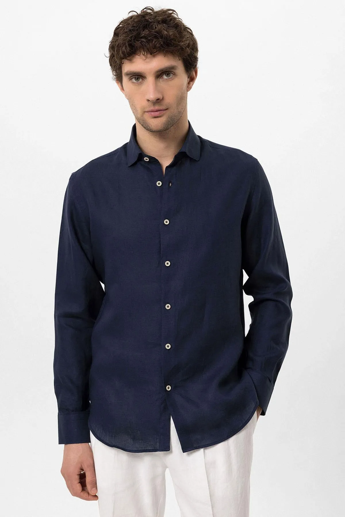 Men's Navy Blue Collar Button Detailed 100% Linen Shirt - Wessi sold by Wessi product image thumbnail 3