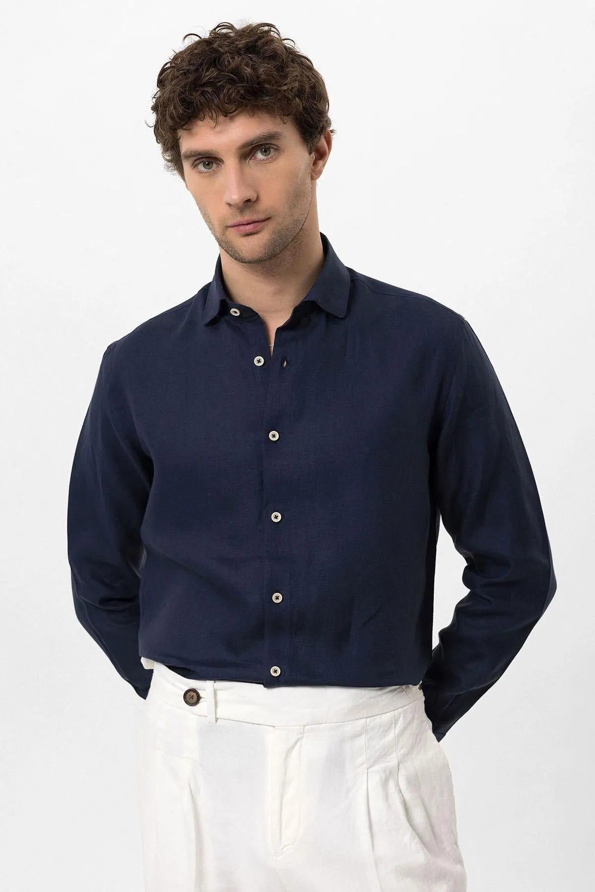 Men's Navy Blue Collar Button Detailed 100% Linen Shirt - Wessi sold by Wessi