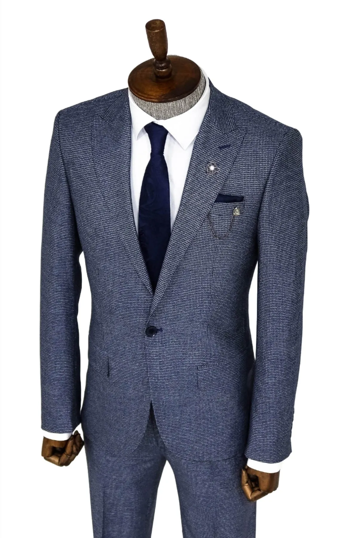 Slim Fit Houndstooth Patterned 2 Piece Navy Blue Men Suit - Wessi sold by Wessi product image thumbnail 5