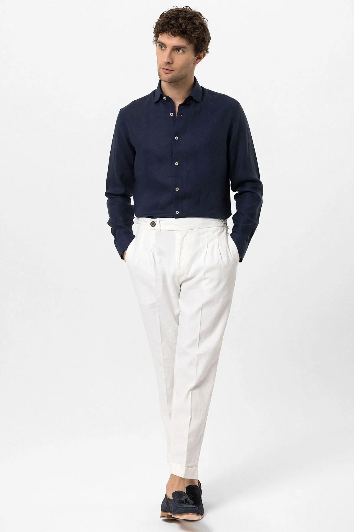 Men's Navy Blue Collar Button Detailed 100% Linen Shirt - Wessi sold by Wessi product image thumbnail 4