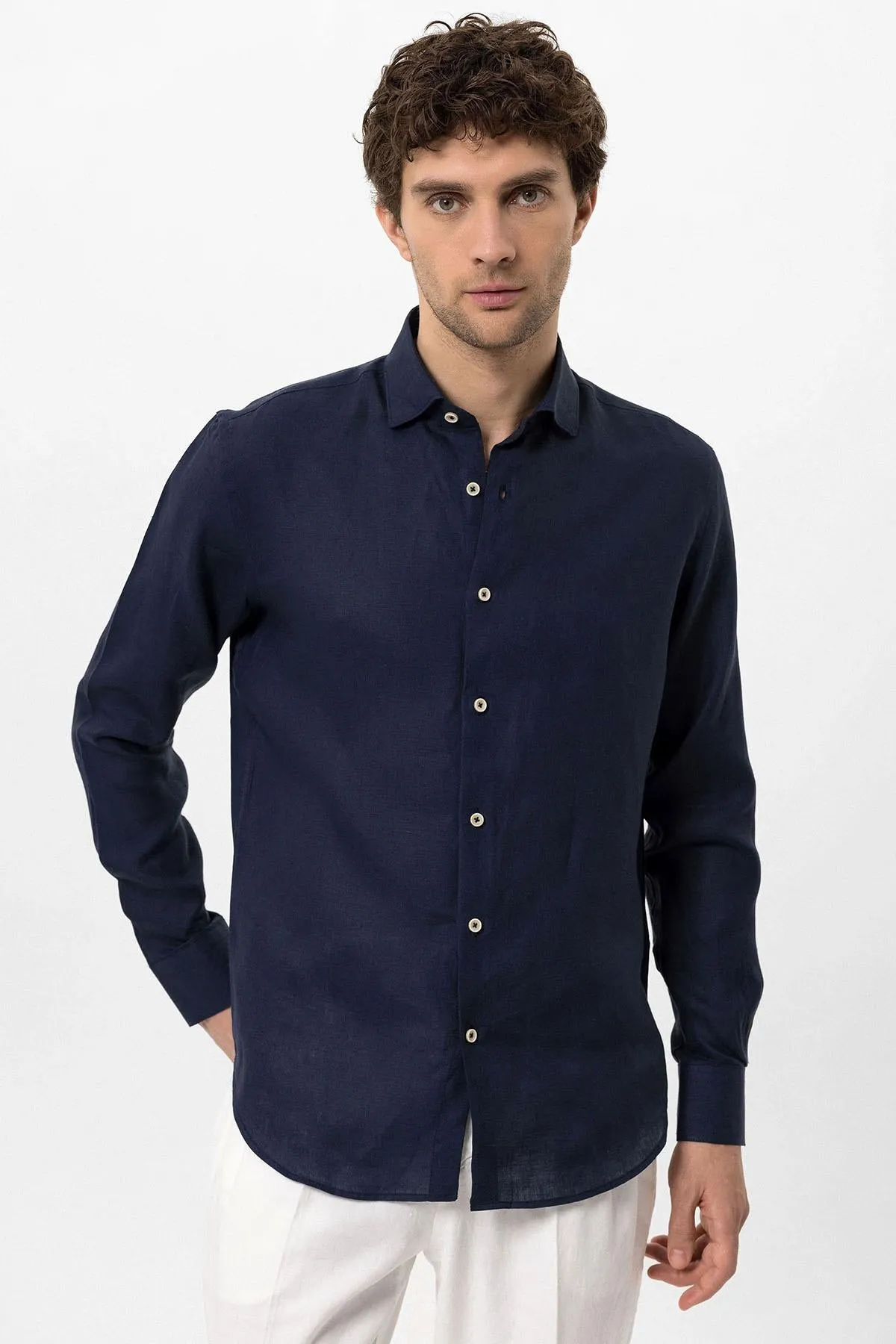 Men's Navy Blue Collar Button Detailed 100% Linen Shirt - Wessi sold by Wessi product image thumbnail 2