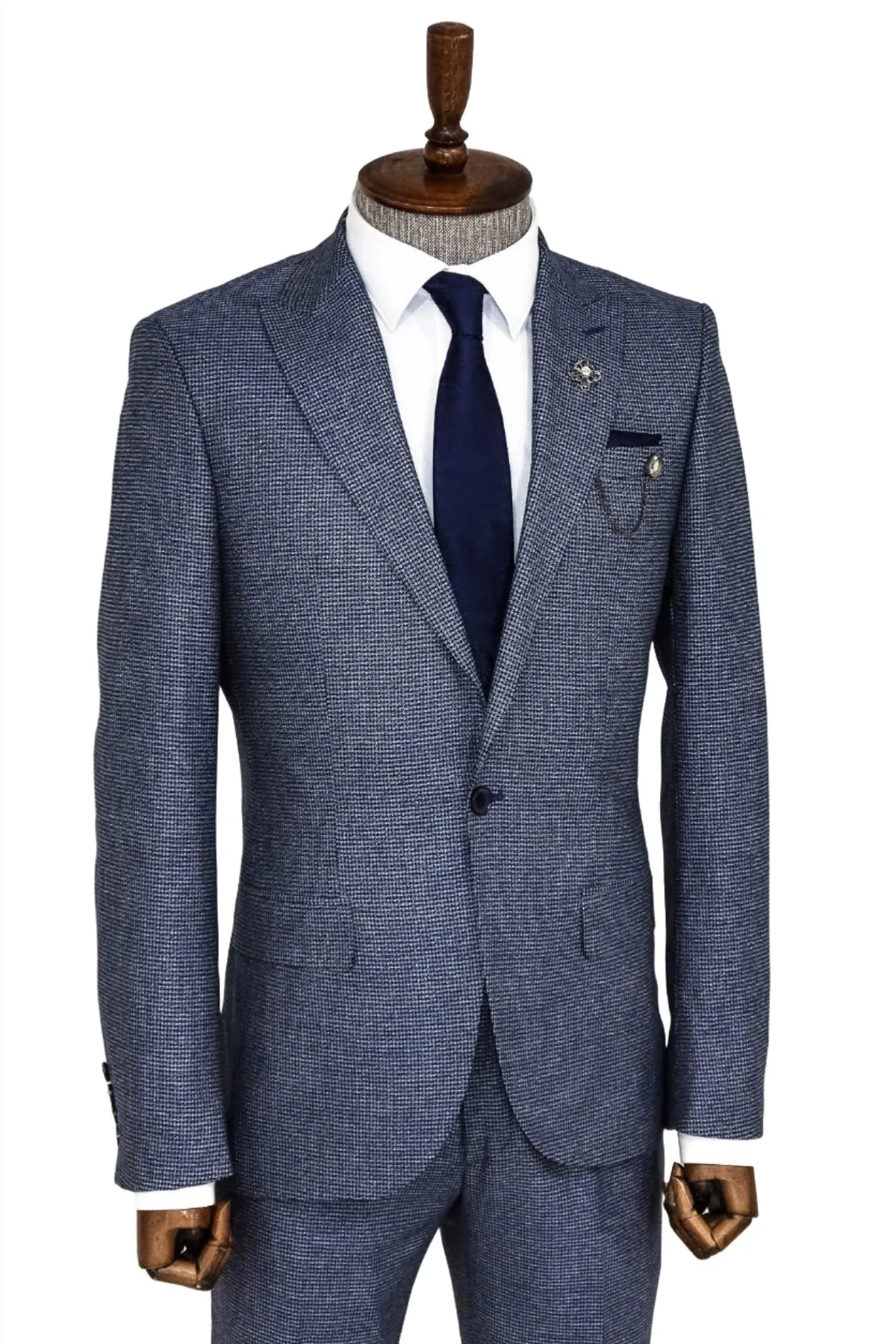 Slim Fit Houndstooth Patterned 2 Piece Navy Blue Men Suit - Wessi sold by Wessi product image thumbnail 3