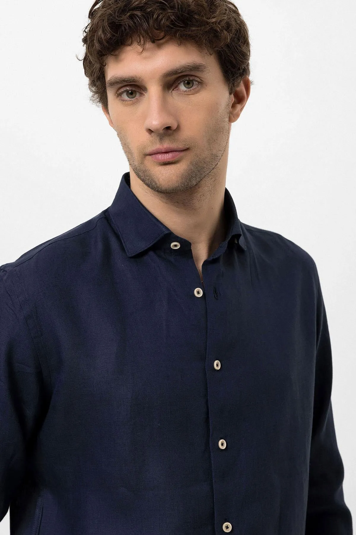 Men's Navy Blue Collar Button Detailed 100% Linen Shirt - Wessi sold by Wessi product image thumbnail 5