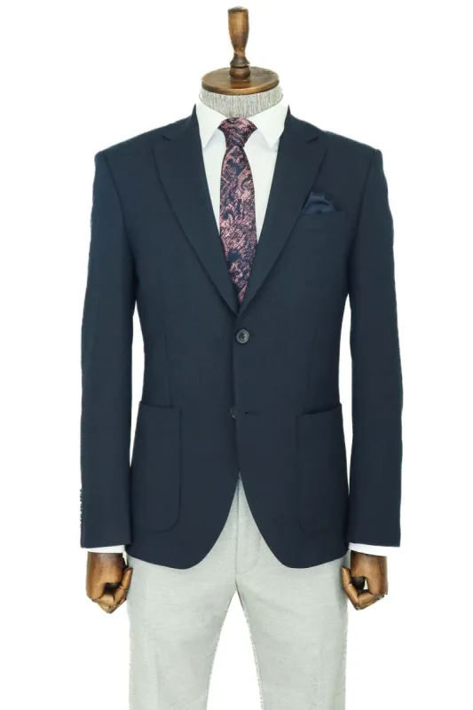 Textured Slim Fit Peak Lapel Navy Blue Men Blazer and Trousers Combination - Wessi sold by Wessi
