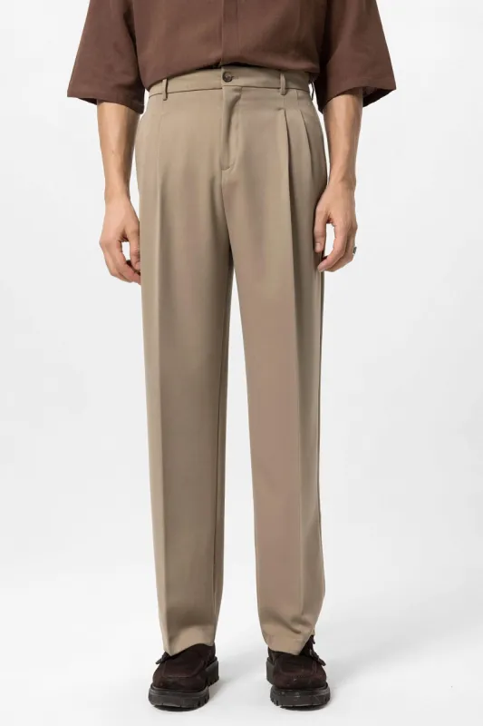 Light Brown High Waist Pleated Comfortable Fit Men's Trousers - Wessi sold by Wessi