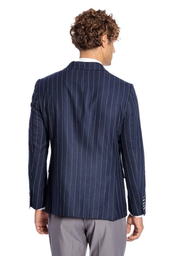 Double Breasted Slim Fit Striped Navy Blue Men Blazer - Wessi sold by Wessi product image thumbnail 4