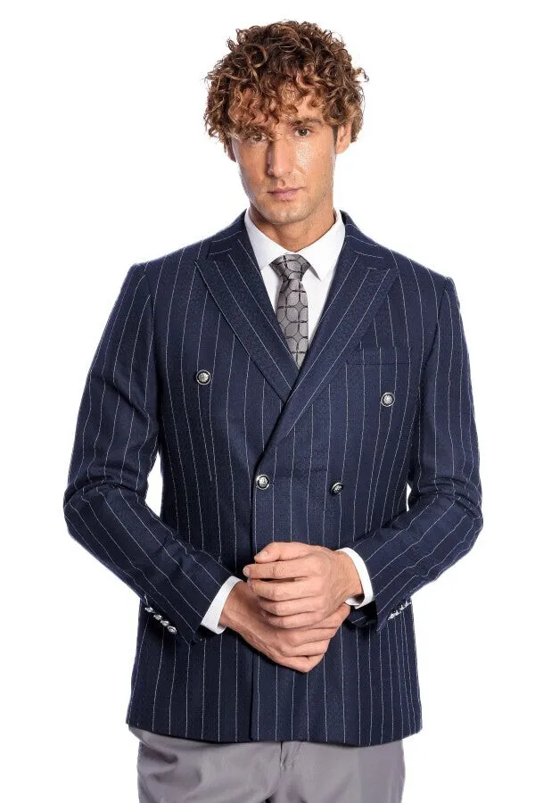 Double Breasted Slim Fit Striped Navy Blue Men Blazer - Wessi sold by Wessi product image thumbnail 5