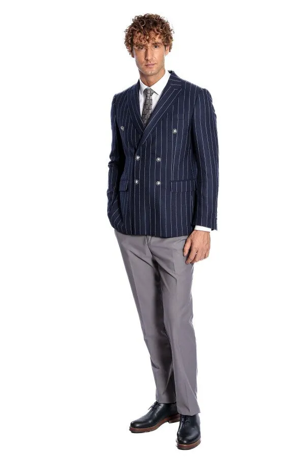 Double Breasted Slim Fit Striped Navy Blue Men Blazer - Wessi sold by Wessi product image thumbnail 3