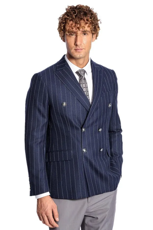 Double Breasted Slim Fit Striped Navy Blue Men Blazer - Wessi sold by Wessi
