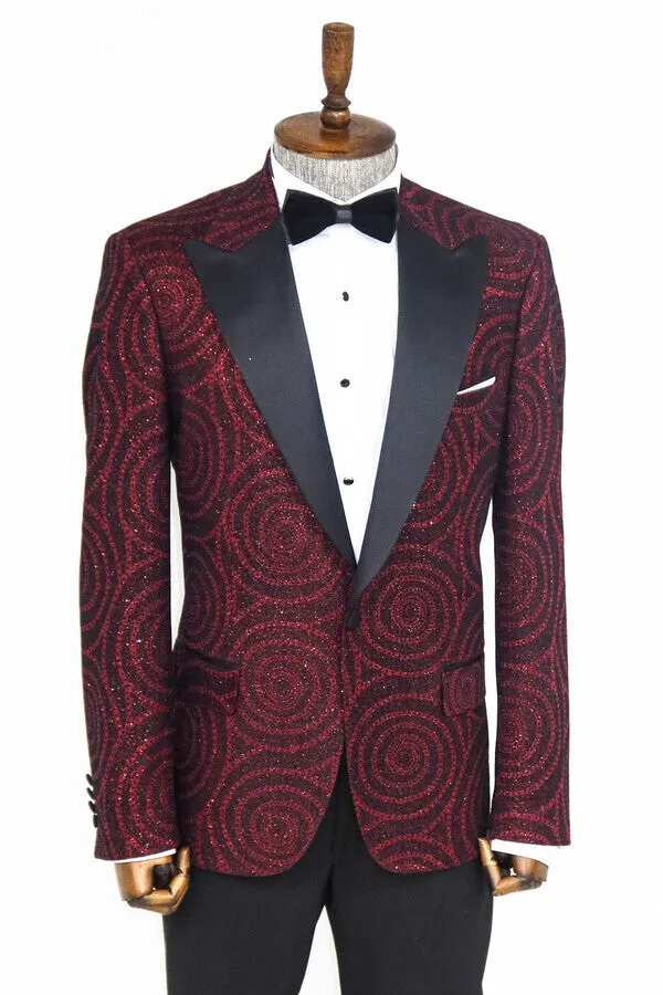 Hypnose Pattern Peak Lapel Slim Fit Burgundy Men Tuxedo Blazer - Wessi sold by Wessi product image thumbnail 3