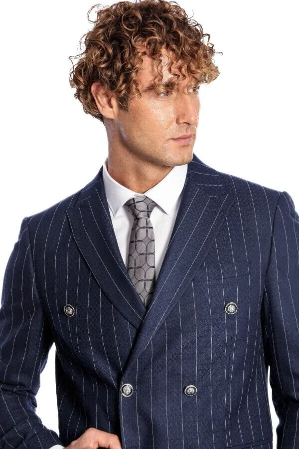 Double Breasted Slim Fit Striped Navy Blue Men Blazer - Wessi sold by Wessi product image thumbnail 2