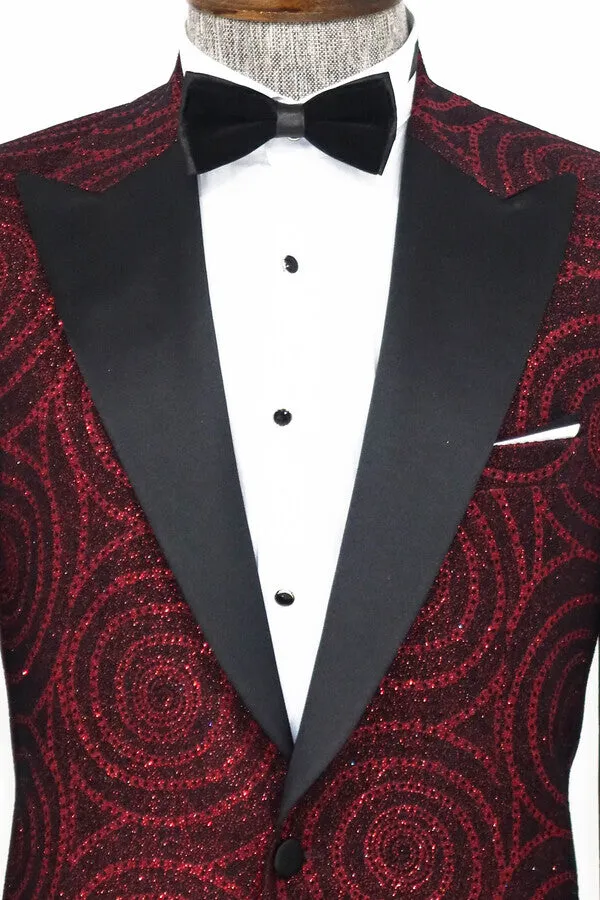 Hypnose Pattern Peak Lapel Slim Fit Burgundy Men Tuxedo Blazer - Wessi sold by Wessi product image thumbnail 2