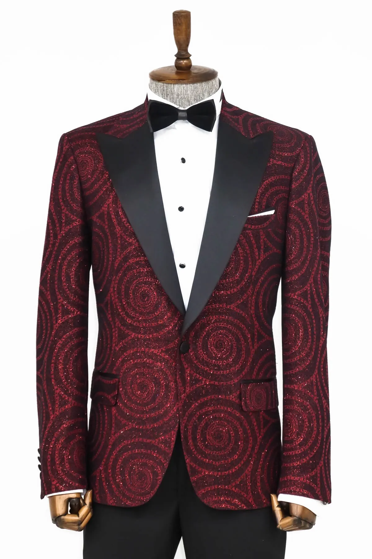 Hypnose Pattern Peak Lapel Slim Fit Burgundy Men Tuxedo Blazer - Wessi sold by Wessi