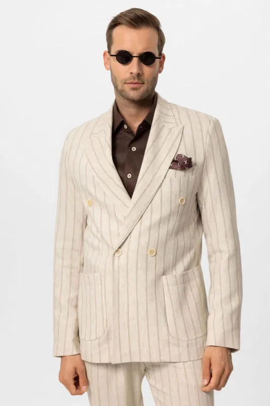 Men's Ecru-Mink Vizon Linen Blend Double-Breasted Jacket - Wessi sold by Wessi