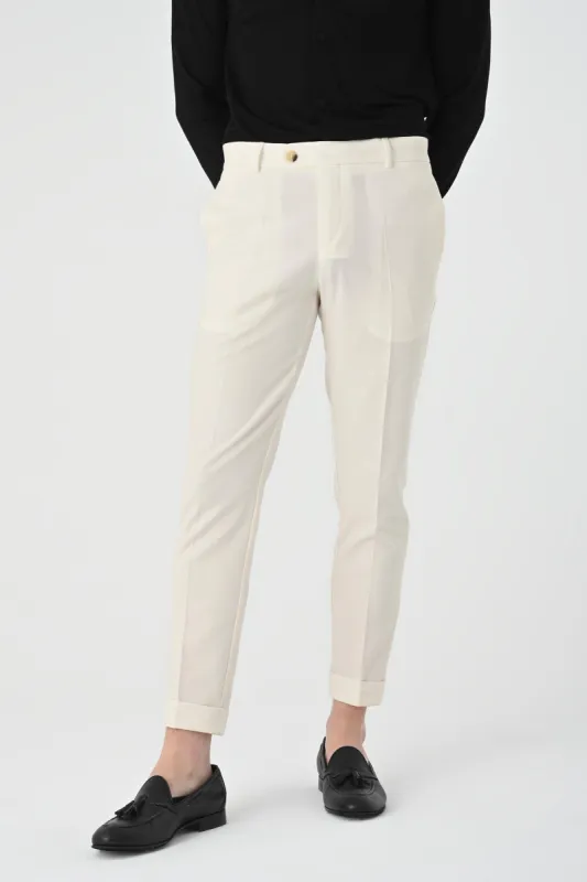 Men's Ecru Regular Fit Cuffed  Pants - Wessi sold by Wessi