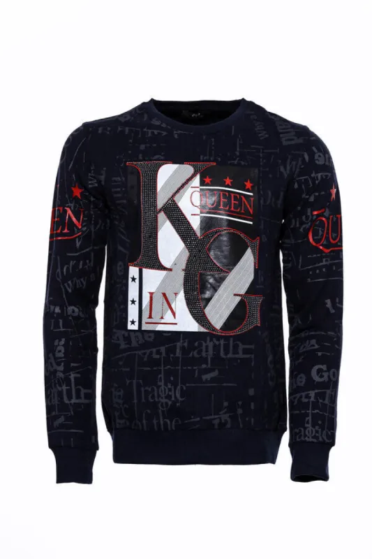 Patterned Slim Fit Navy Blue Sweatshirt - Wessi sold by Wessi