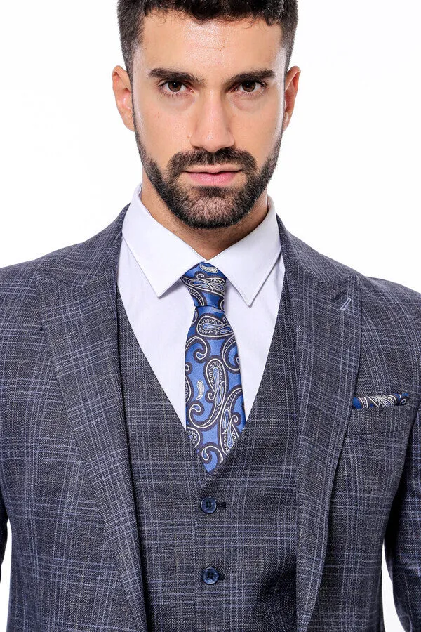 Patterned Vested Slim-Fit Navy Blue Men’s Suit - Wessi sold by Wessi product image thumbnail 3