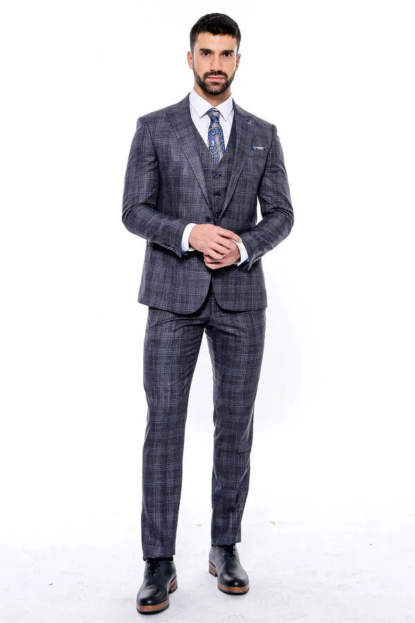 Patterned Vested Slim-Fit Navy Blue Men’s Suit - Wessi sold by Wessi product image thumbnail 2