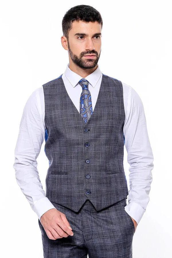Patterned Vested Slim-Fit Navy Blue Men’s Suit - Wessi sold by Wessi product image thumbnail 5