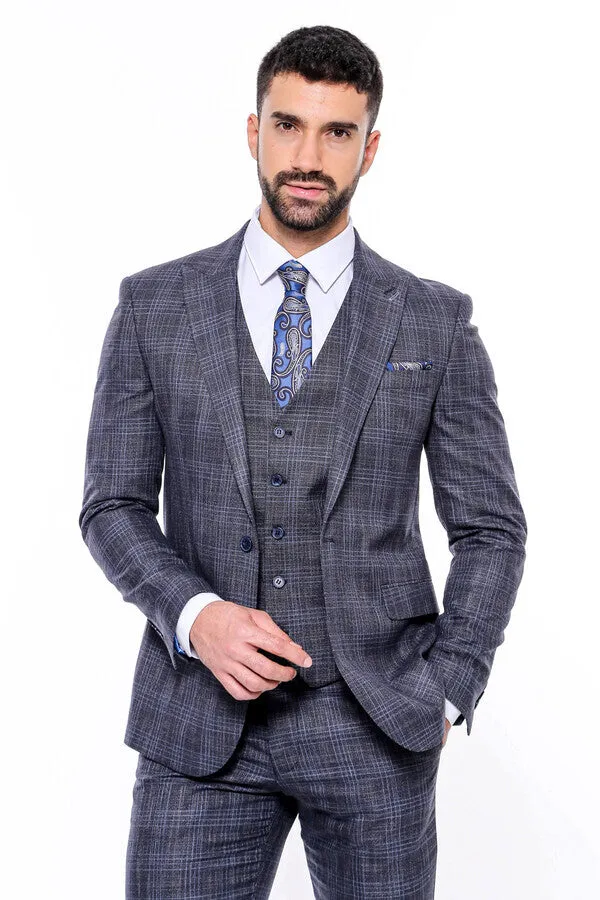 Patterned Vested Slim-Fit Navy Blue Men’s Suit - Wessi sold by Wessi