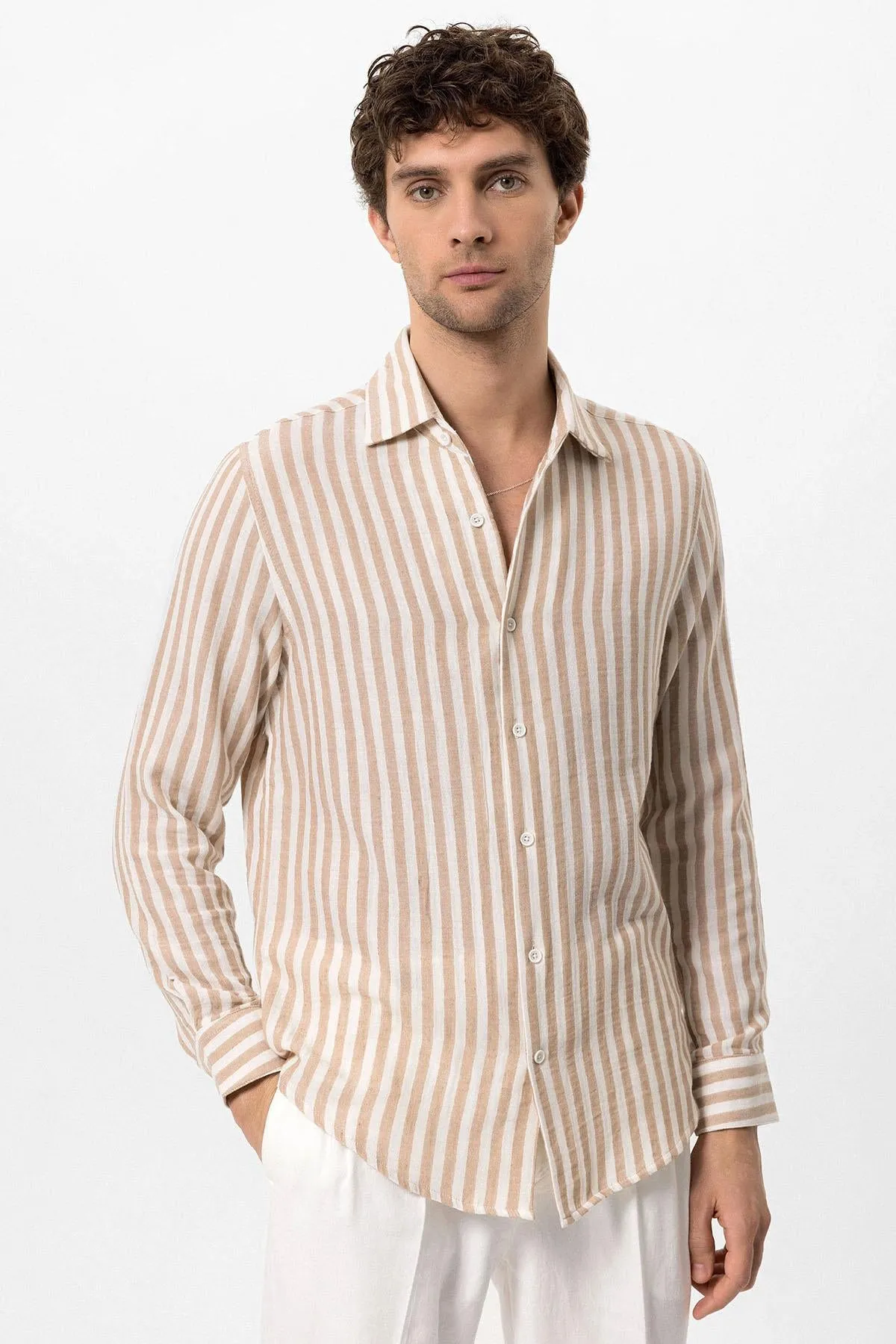 Men's Beige Contrast Striped Shirt - Wessi sold by Wessi