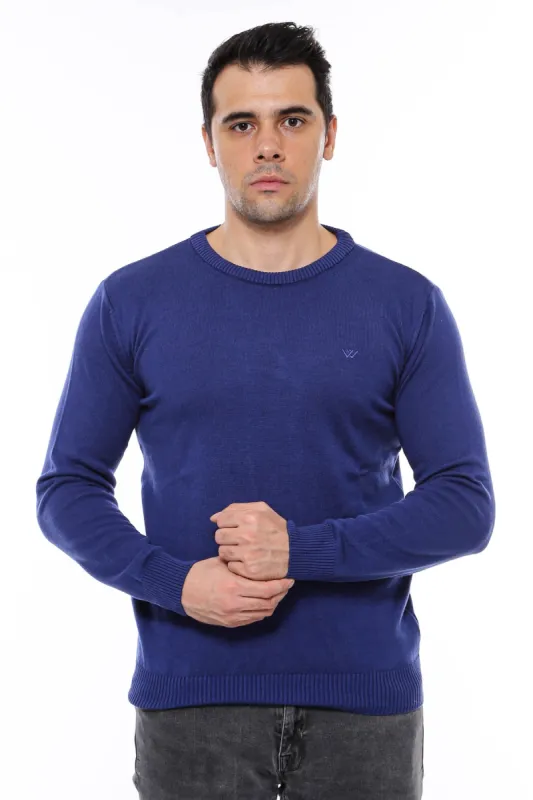 Navy Blue Crew Neck Embroidered Plain Knitwear - Wessi sold by Wessi