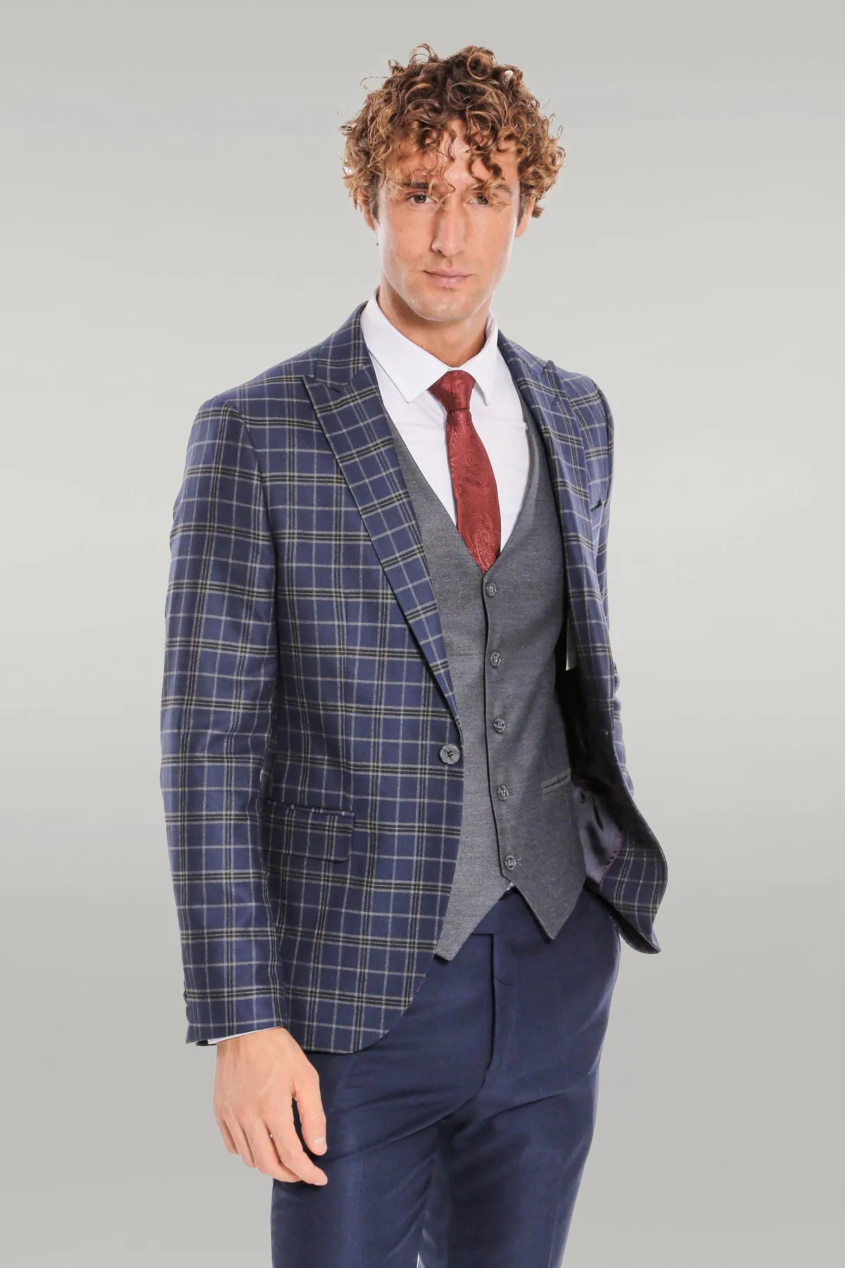 Blue Vested Slim Fit Checked Navy Blue Men Suit - Wessi sold by Wessi product image thumbnail 5