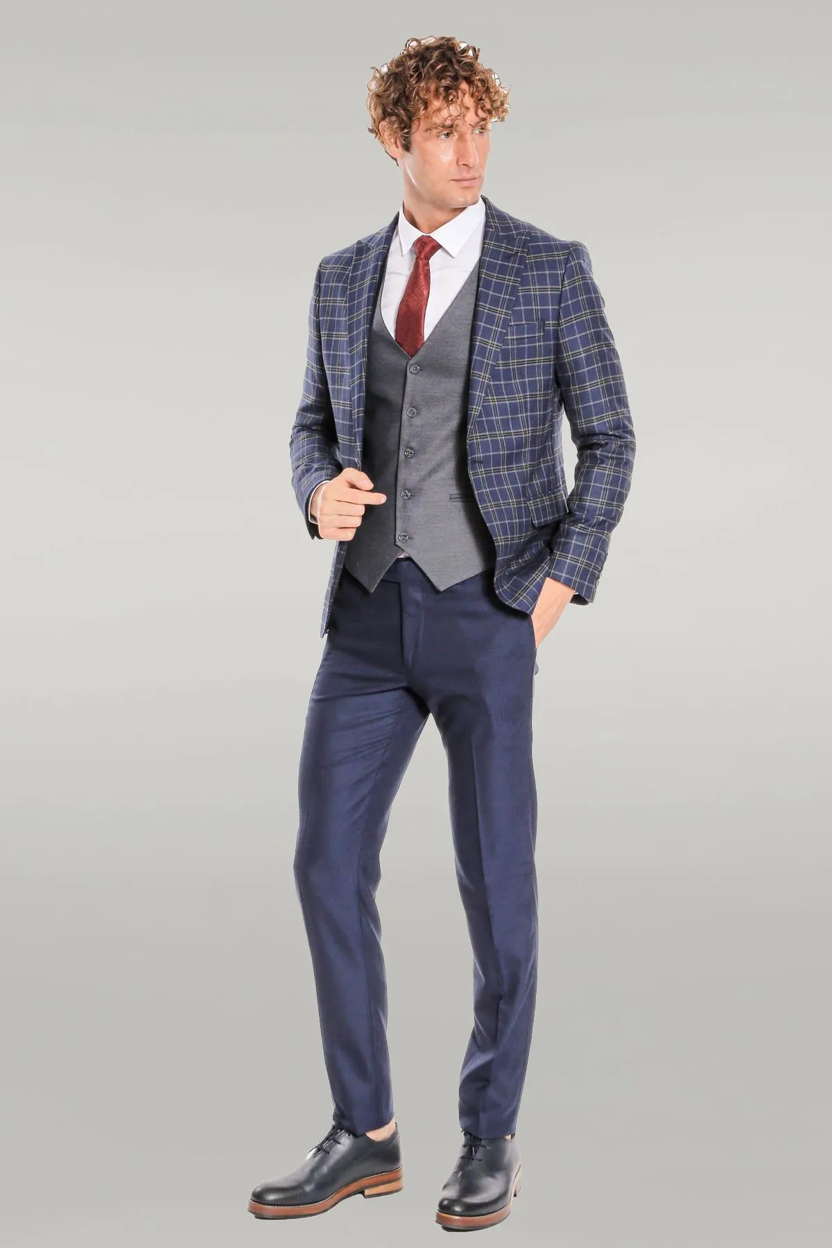 Blue Vested Slim Fit Checked Navy Blue Men Suit - Wessi sold by Wessi product image thumbnail 2