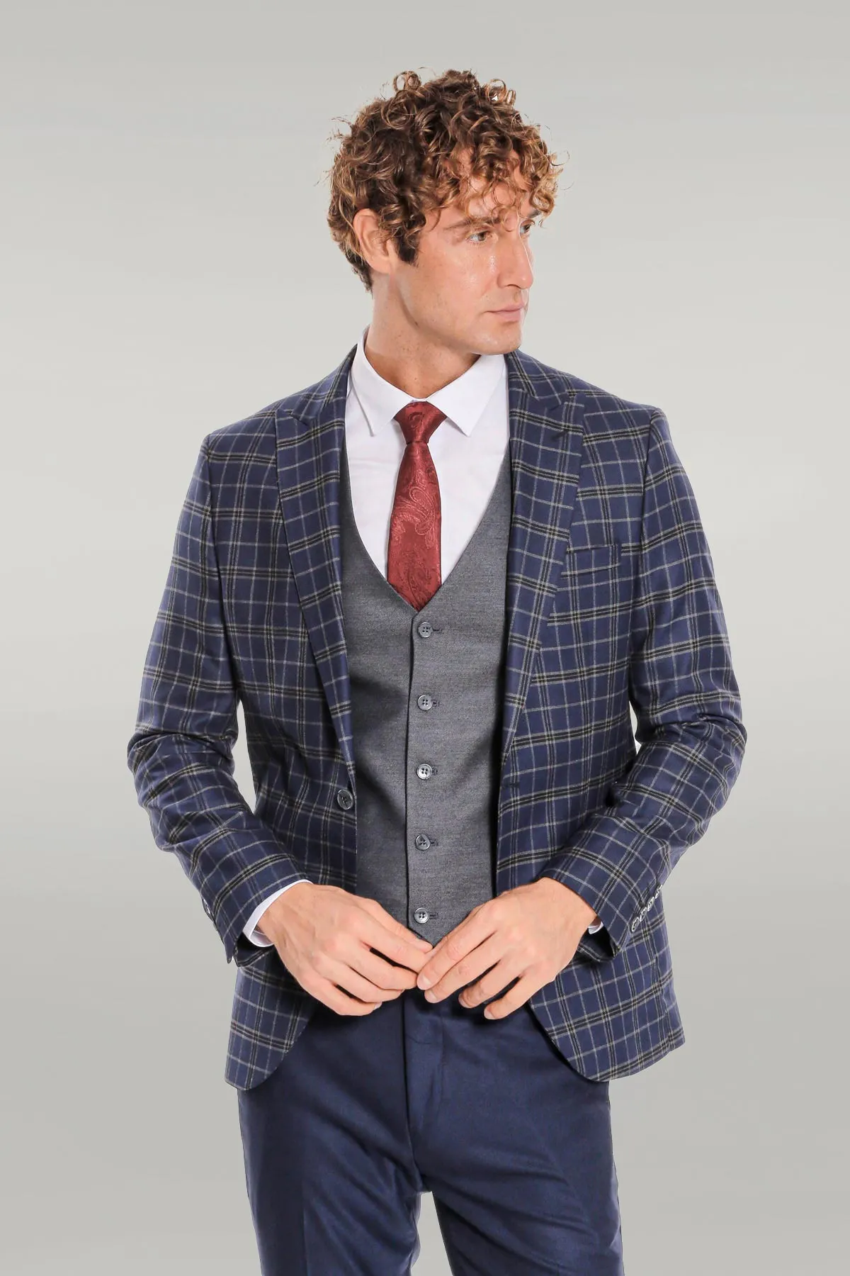 Blue Vested Slim Fit Checked Navy Blue Men Suit - Wessi sold by Wessi