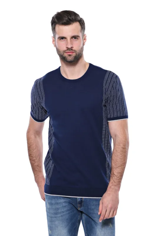 Circle Neck Patterned Navy Knitted T-Shirt - Wessi sold by Wessi