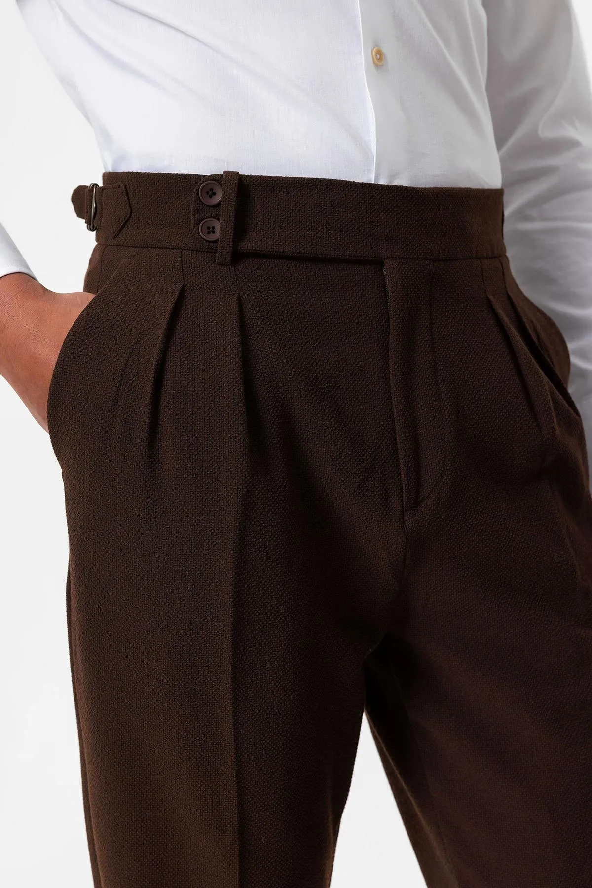 Men's Brown High-Waist Pleated Textured Pants - Wessi sold by Wessi product image thumbnail 4