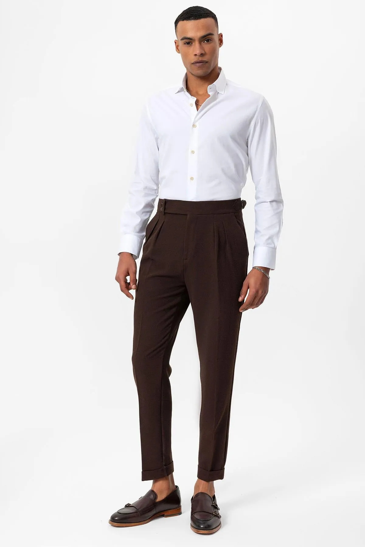 Men's Brown High-Waist Pleated Textured Pants - Wessi sold by Wessi product image thumbnail 3