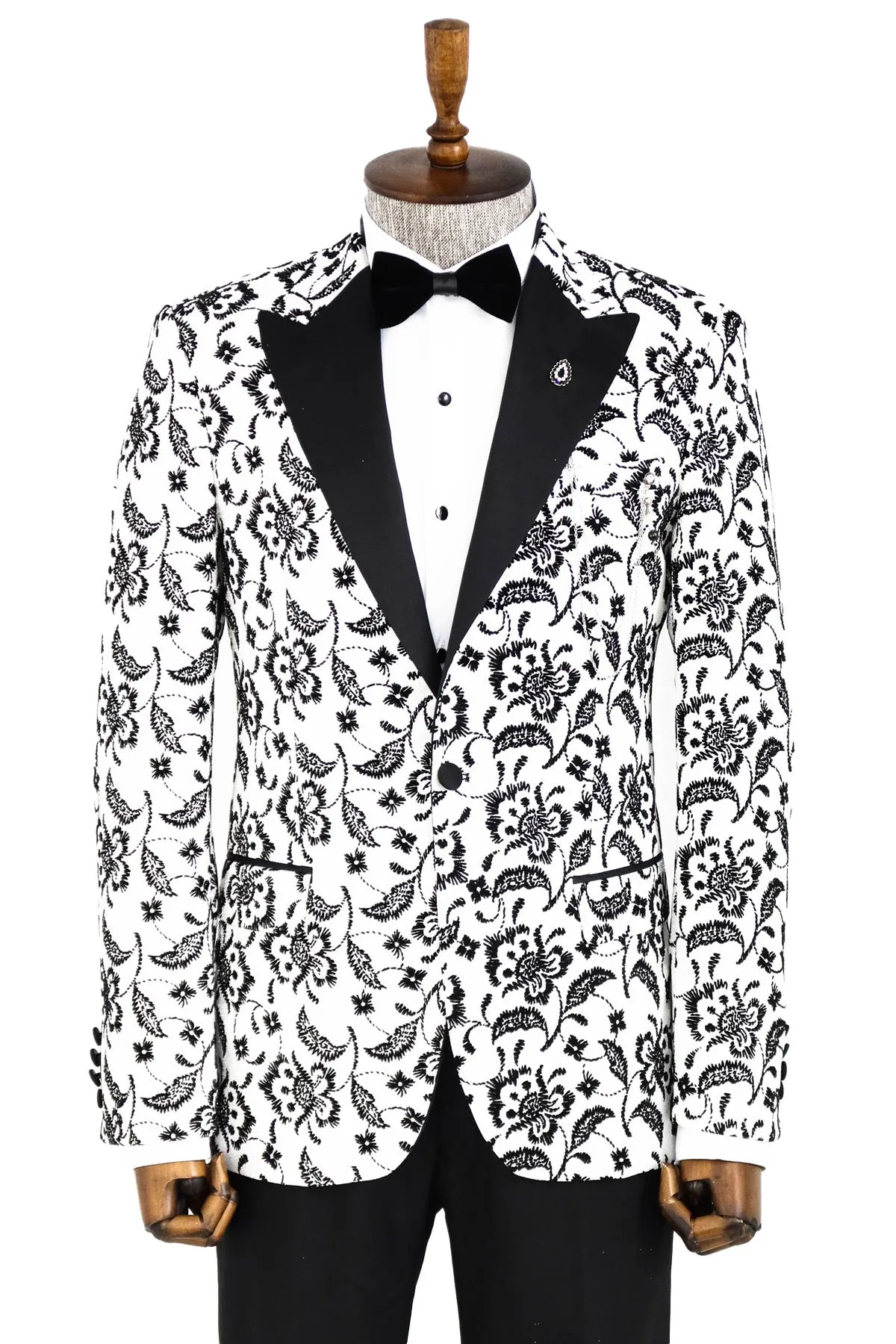 Floral Patterned Peak Lapel White Men Wedding Tuxedo Blazer - Wessi sold by Wessi