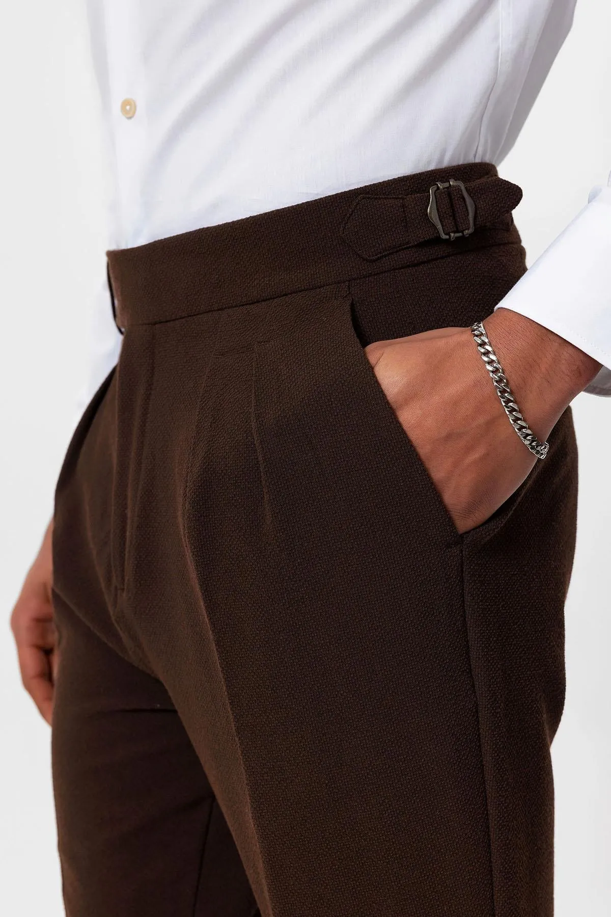 Men's Brown High-Waist Pleated Textured Pants - Wessi sold by Wessi product image thumbnail 5