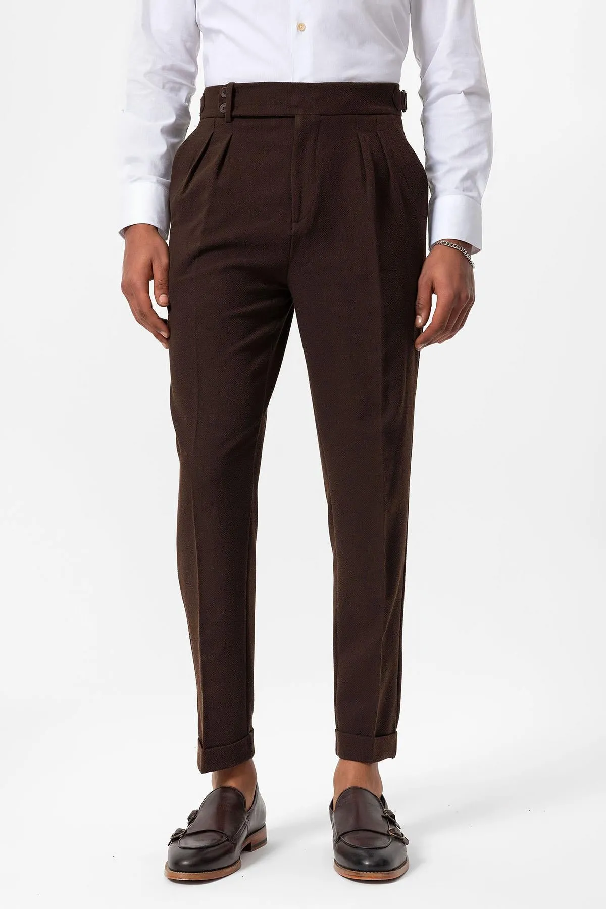 Men's Brown High-Waist Pleated Textured Pants - Wessi sold by Wessi