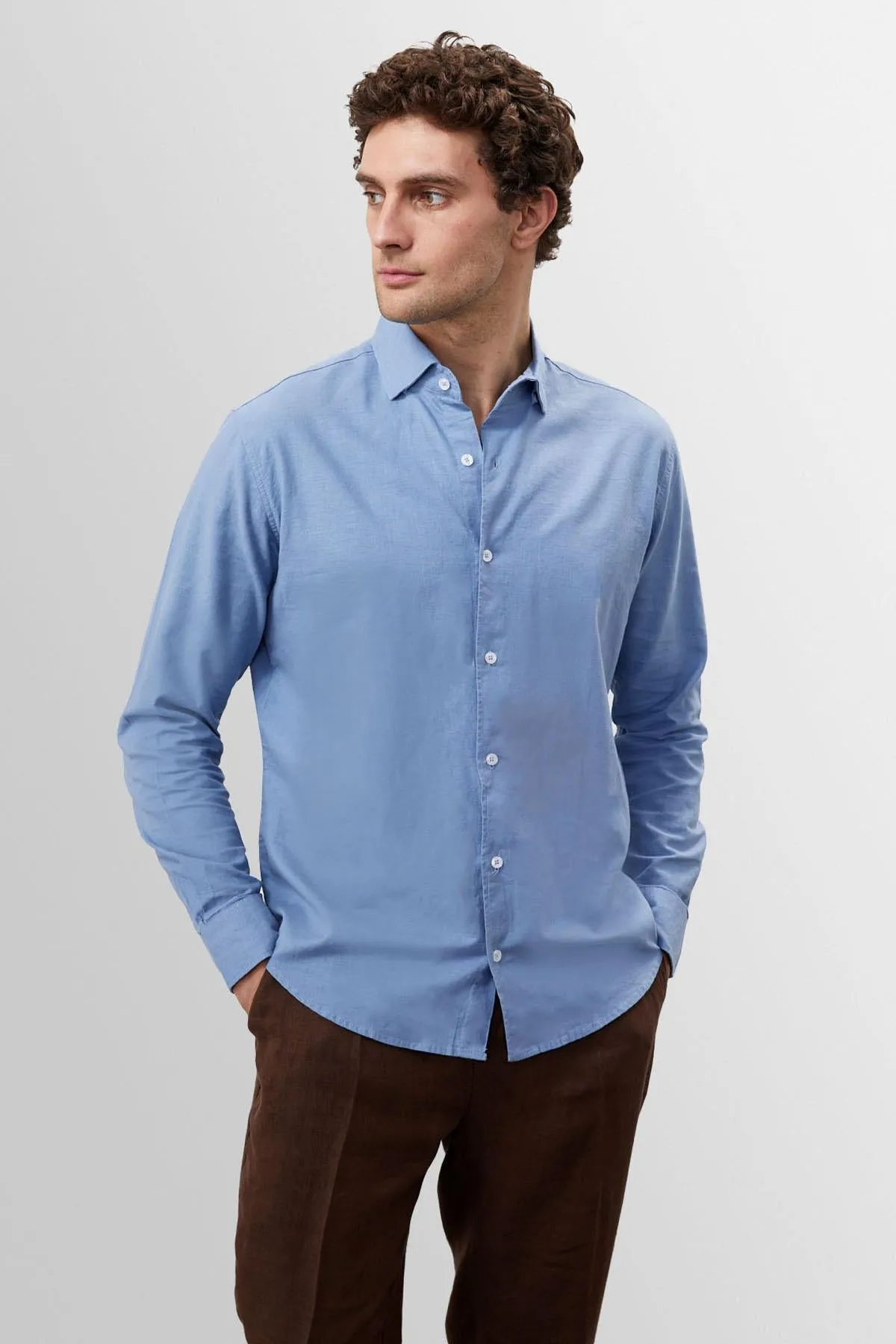 Men's Dark Blue Collar Button Detail 100% Linen Shirt - Wessi sold by Wessi product image thumbnail 4