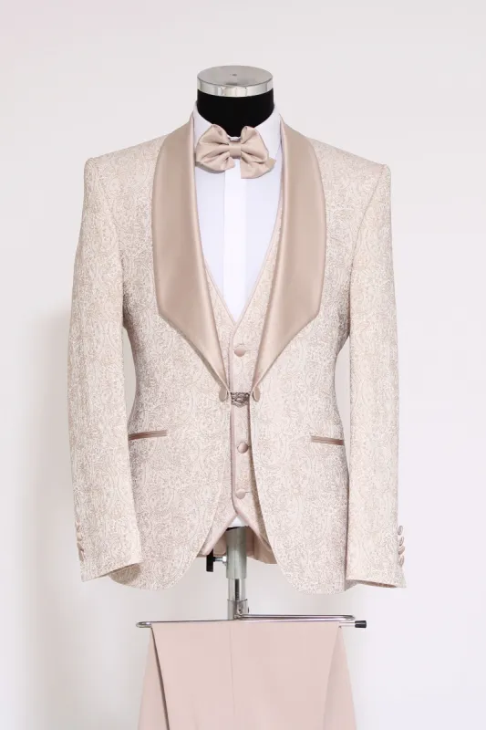 3-Piece Patterned Single Button Satin Lapel Cream Men's Tuxedo with Bow Tie - Wessi sold by Wessi