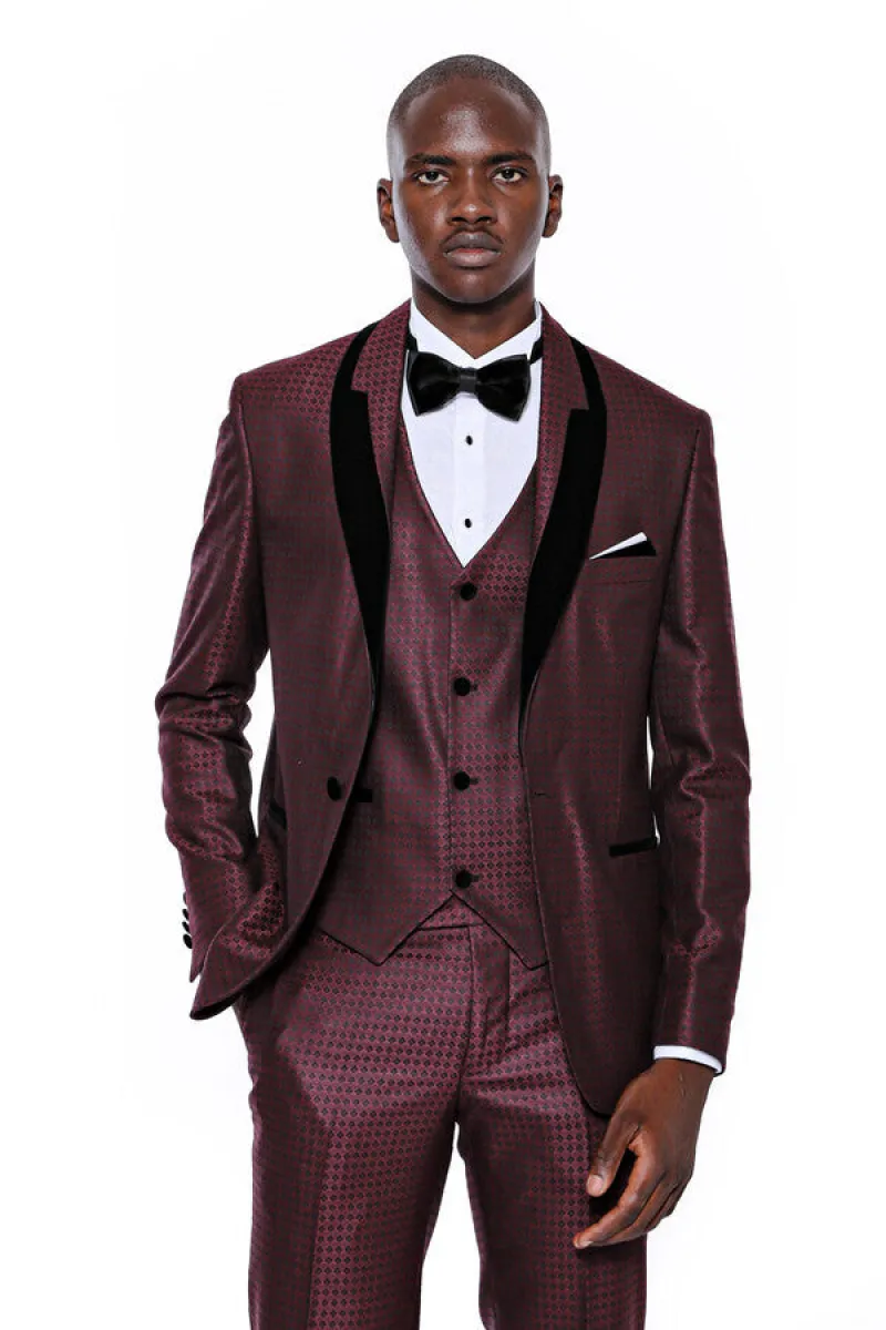 Patterned Burgundy Velvet Lapel Groom Suit - Wessi sold by Wessi