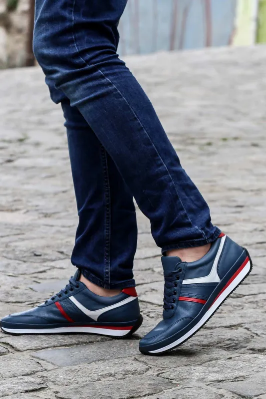 Men's Blue Leather Sneakers with Red and White Accents - Wessi sold by Wessi