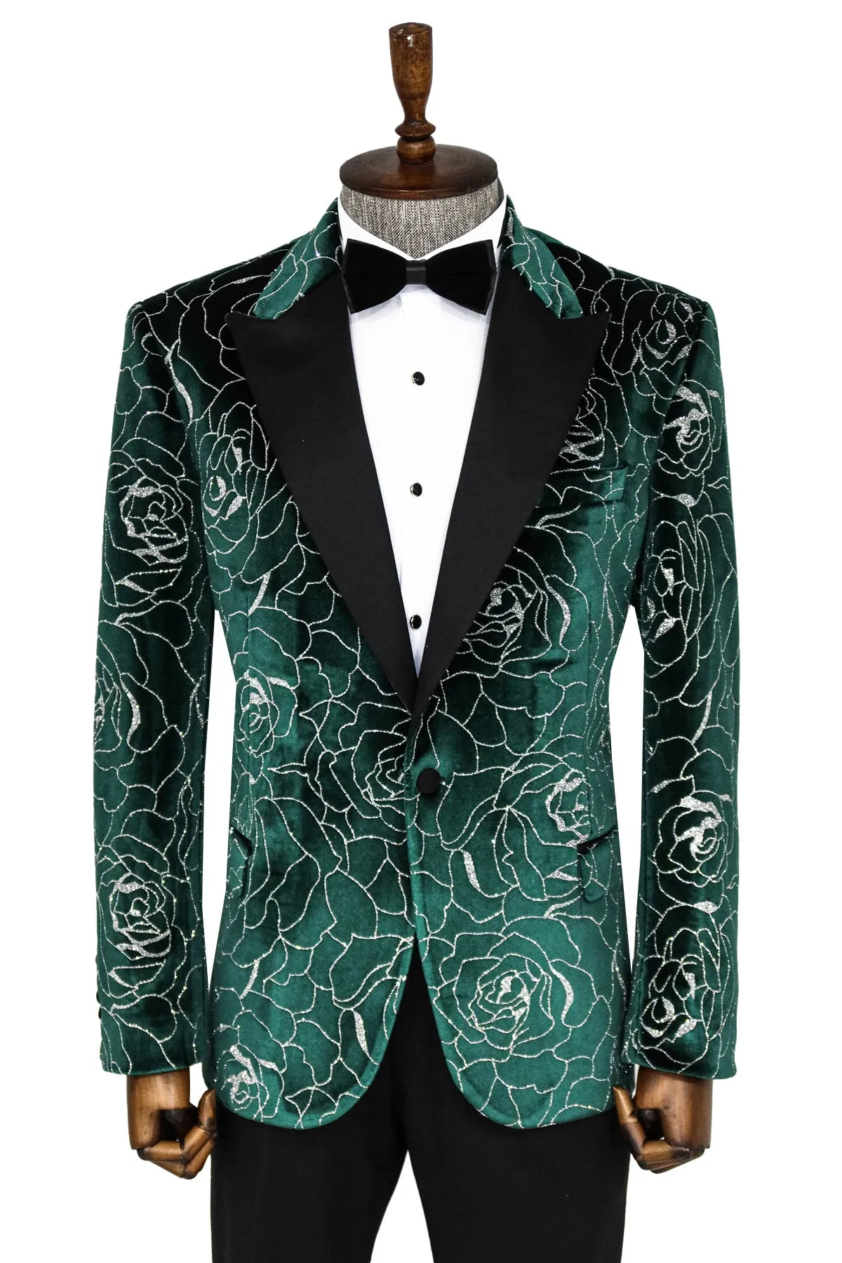 Silver Rose Patterned Over Green Velvet Men Dazzle Jackets - Wessi sold by Wessi