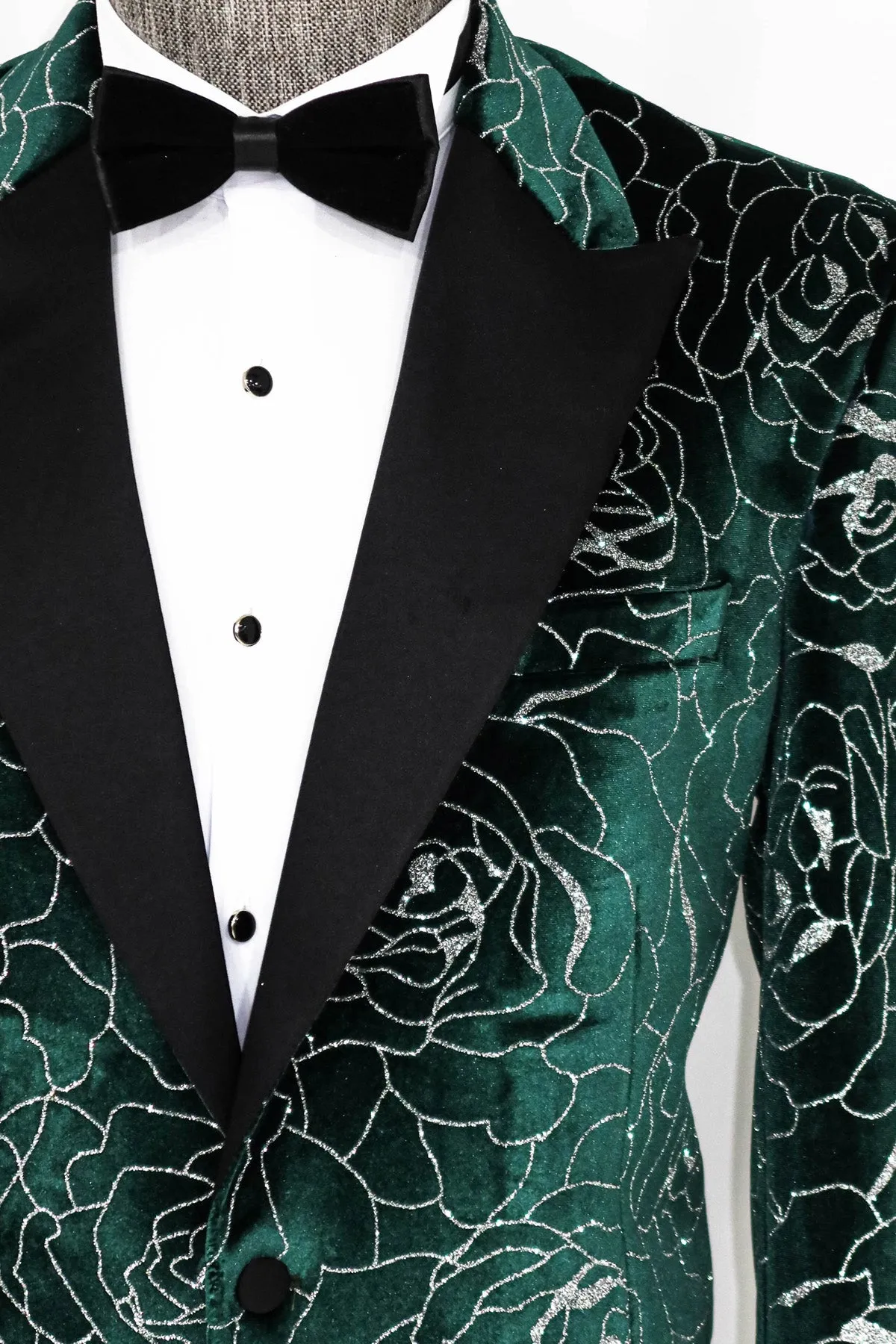 Silver Rose Patterned Over Green Velvet Men Dazzle Jackets - Wessi sold by Wessi product image thumbnail 2