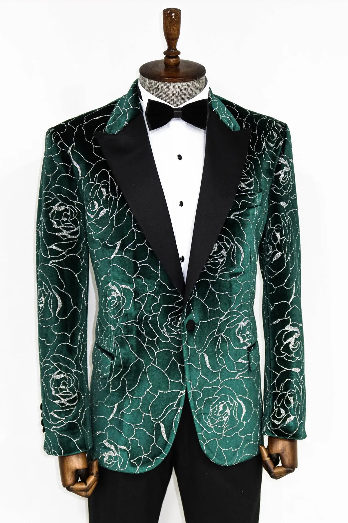 Silver Rose Patterned Over Green Velvet Men Dazzle Jackets - Wessi sold by Wessi product image thumbnail 5