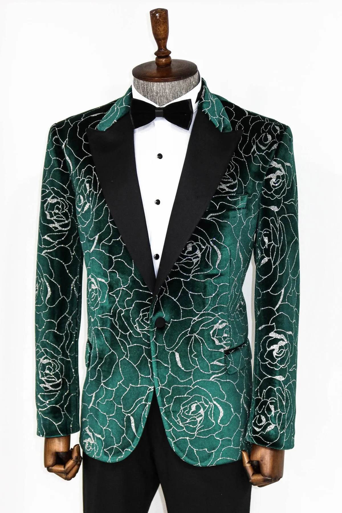Silver Rose Patterned Over Green Velvet Men Dazzle Jackets - Wessi sold by Wessi product image thumbnail 3