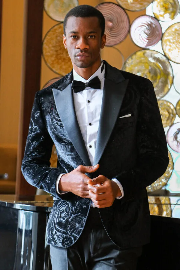 Floral Patterned Velvet Black Men Wedding Tuxedo Blazer - Wessi sold by Wessi